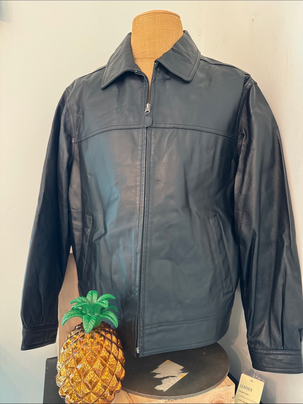 St. John's Bay Black Leather Bomber Jacket with Turn-Down Collar